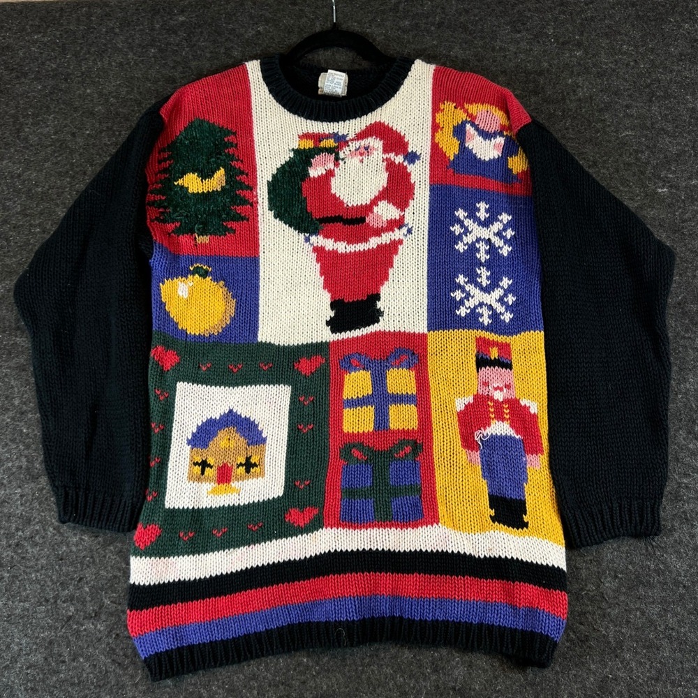 Vintage 90s Abstract Christmas Sweater Santa Nutcracker Patchwork Knit Medium